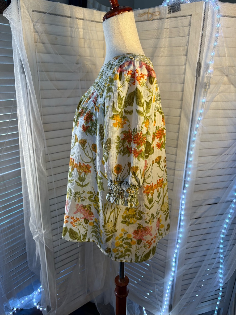 Rose & Olive White Floral Smocked Peasant Blouse with Green and Pink - Picture 2 of 4